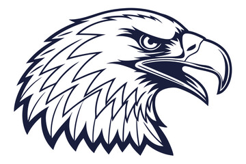 Stylized monochrome eagle head gazes intensely to the right on a stark white background