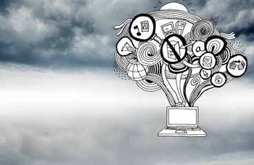Laptops and logos against the sky