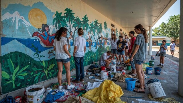 Group Mural Painting at School Volunteers Collaborate on Colorful Art