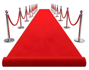 Red carpet pathway surrounded by stanchions and ropes for events or awards