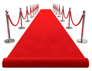 Red carpet pathway surrounded by stanchions and ropes for events or awards