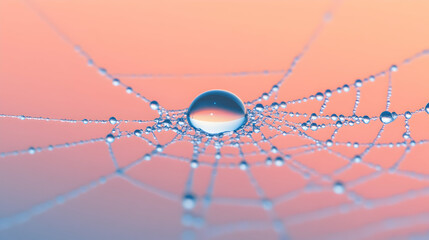 Water Droplets on Spider Web in Dreamy Sunset Colors