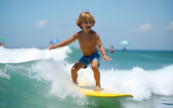 Happy surf boy - young surfer learn to ride on surfboard with fun on sea waves. Active family lifestyle, kids outdoor water sport lessons, swimming activity in surfing camp. Summer vacation with child