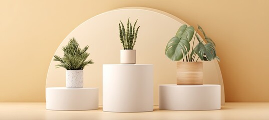 Three potted plants on minimalist white podiums against a pale yellow backdrop, styled in a modern, clean aesthetic