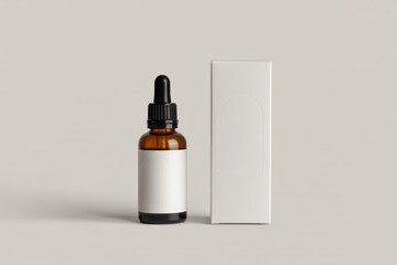 Amber glass dropper bottle with blank label and white box against a neutral background