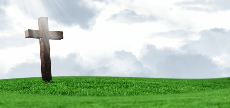 Fototapeta Wooden cross is standing on lush green hill in flat design, featuring cloudy sky