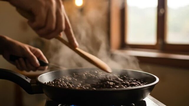 Coffee bean pan roasting steams