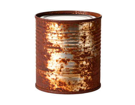 Rusty metal can with textured surface and worn appearance