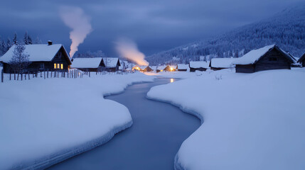 Serene Winter Landscape with Snowy Cabins and River Under Cloudy Sky at Dusk