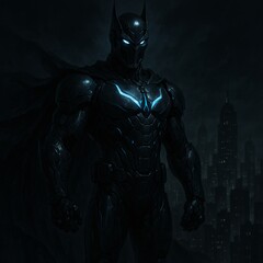 Fototapeta premium Futuristic Superhero in Majestic Full-Body Armor Against Night Cityscape