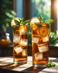 Close-up of a cold glass of iced tea and lemonade in wooden table. Special Summer Drink. Ai Generative