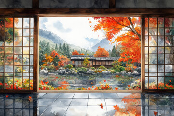 Open window revealing autumn landscape in painting.