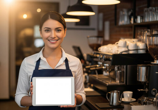 Smiling Barista Holding a Blank Digital Tablet Mockup in a Cafe