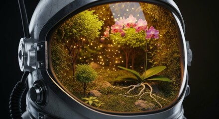 Astronaut helmet garden space nature flowers cosmos floral future world art