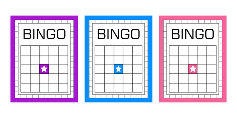 Collection of blank bingo cards for printing. Empty gambling sheets without numbers. Lotto and keno game ticket templates for casino events, party activities, and entertainment illustrations.