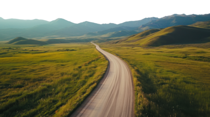 Scenic dirt road curving through fields and green meadows with mountains on the horizon, isolated on a transparent background