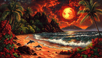 Dolphins leaping on tropical beach under red moon vibrant artwork