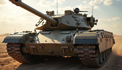 Close-up of a military tank in a desert environment.