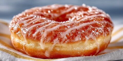 Glossy, glazed donut with a tempting drizzle, resting invitingly on a striped linen cloth