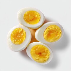 Four halved hard-boiled eggs, yolks vibrant yellow, whites firm, arranged on a white background