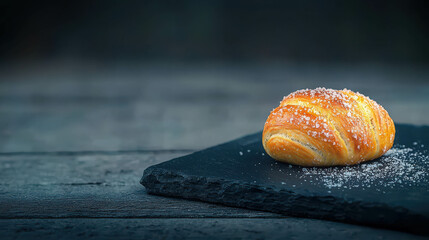Freshly Baked Croissant on Black Slate Board with Sugar Dusting, Dark Background, Delicious Pastry, Gourmet Food, Morning Breakfast Treat