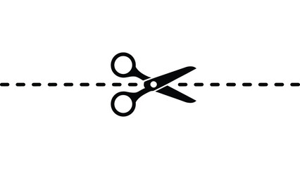 Scissors cutting along a dashed line on white background symbolizing a coupon cutout, craft tool, or printable design element