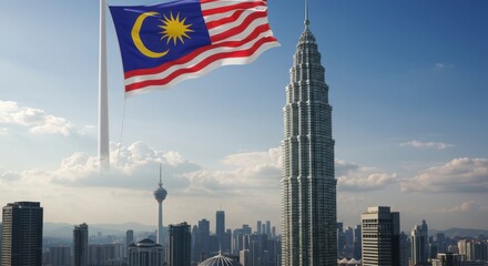 Fototapeta premium Majestic Malaysian Skyline: Petronas Towers and National Flag Under a Clear Sky