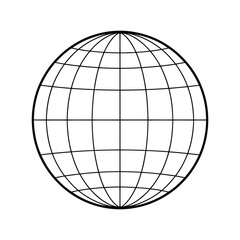 black and white wireframe globe illustration with latitude and longitude lines, isolated spherical vector design on white background