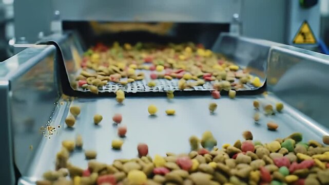 Conveyor belt full of colorful dog food kibble in a factory setting