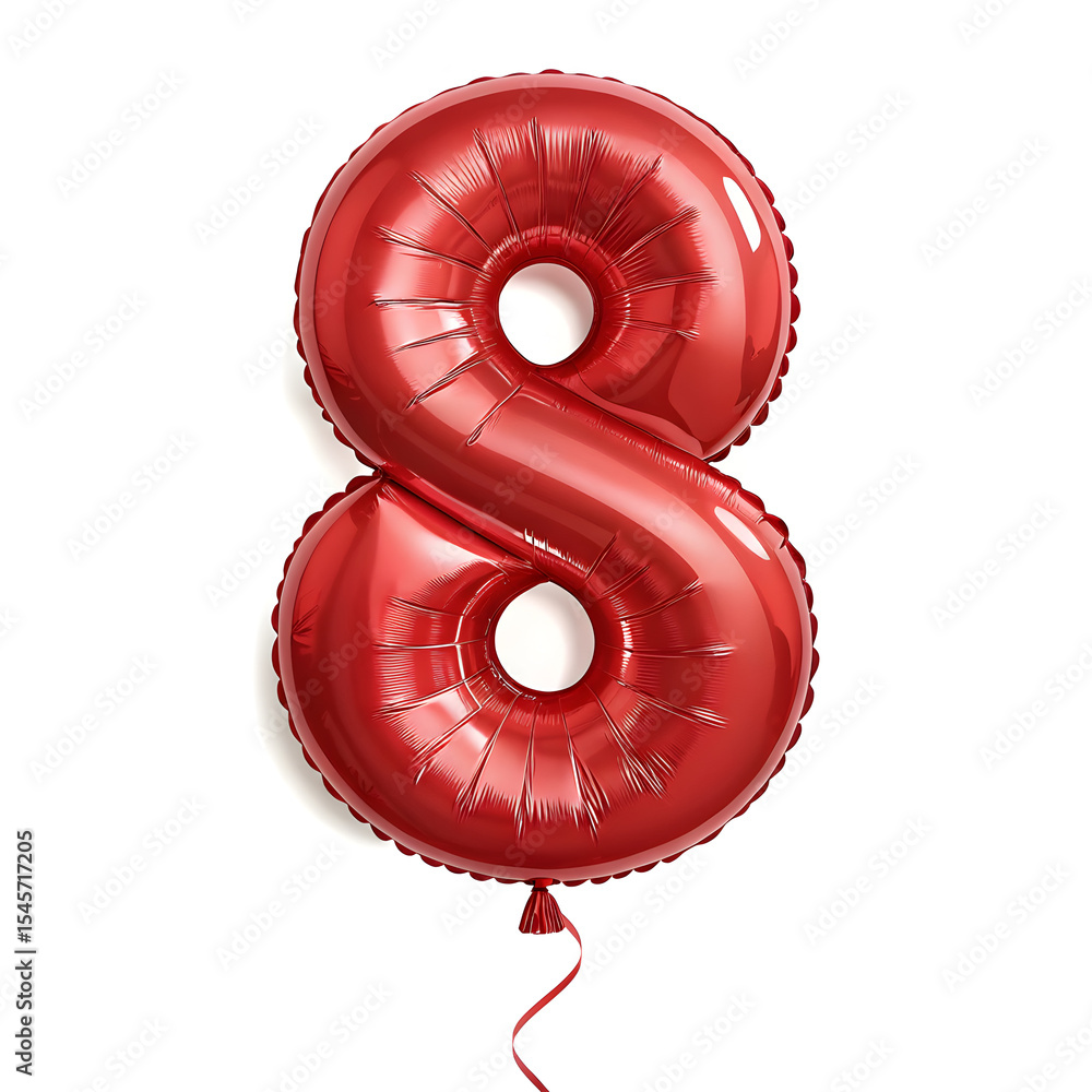 Fototapete a balloon shaped like the number 8,glossy red metallic finish with realistic reflections and smooth 