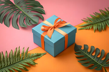 Tropical Gift Surprise Teal Present with Orange Ribbon and Lush Greenery