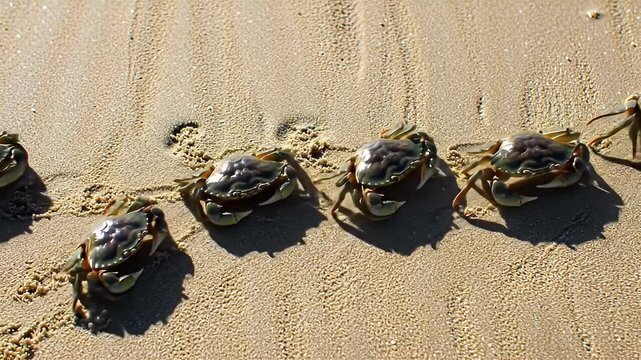 Five crabs crawl in a row across a sunny, sandy beach, leaving tracks