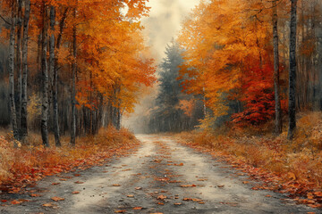 Obraz premium Road winding through autumn leaves in a painting.