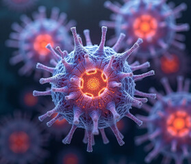 Microscopic Menace: A detailed digital rendering of a viral entity, pulsating with an otherworldly luminescence, showcasing its intricate structure.