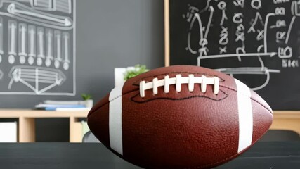 American football sitting on a desk in front of diagramed plays on a chalkboard in a room for sport strategy - Powered by Adobe