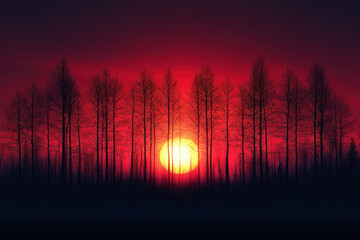 Vibrant red sunset over forest trees.