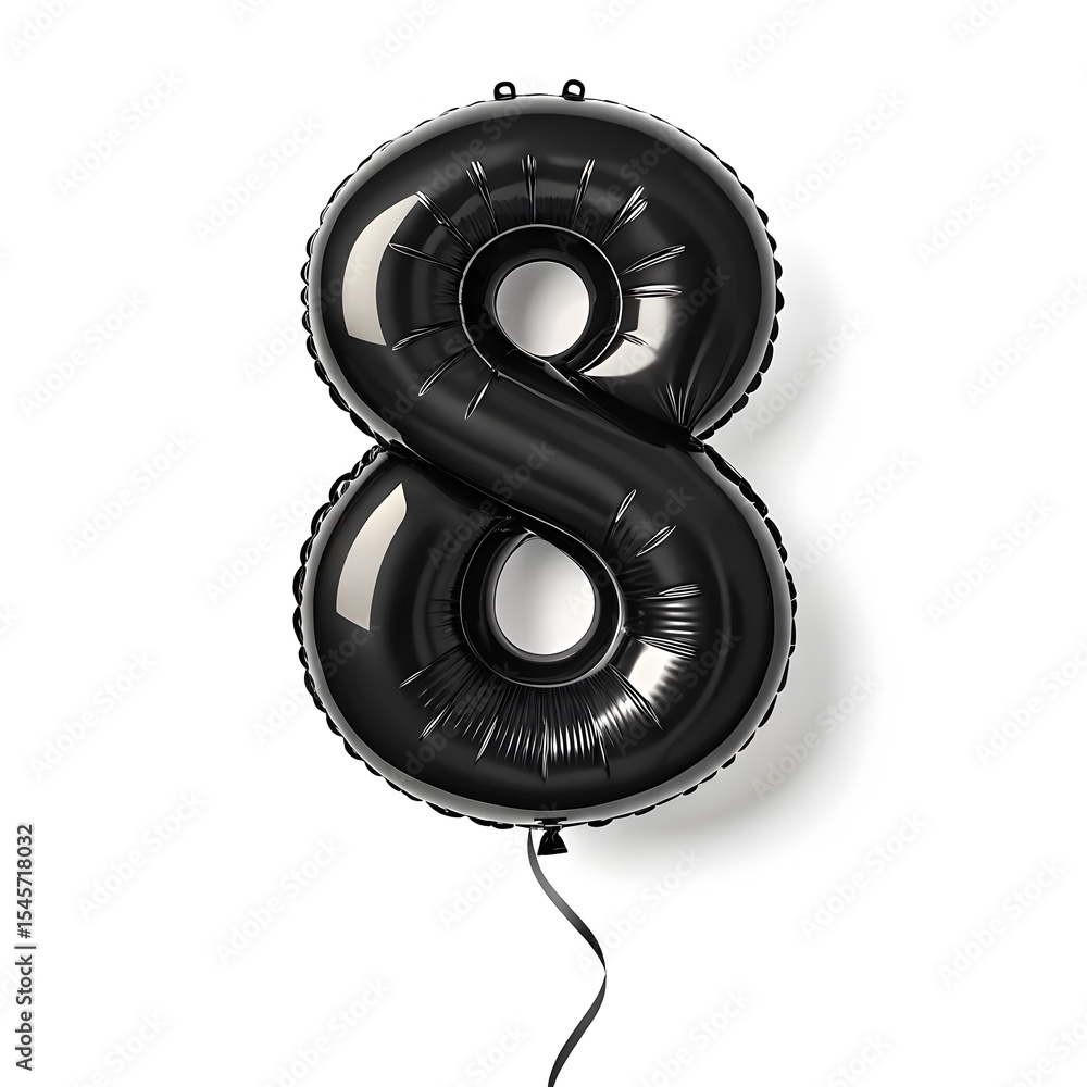Fototapete a balloon shaped like the number 8,matte black metallic finish with realistic reflections and smooth