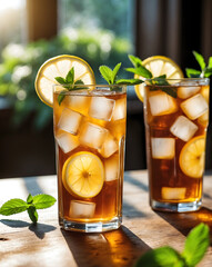 Close-up of a cold glass of iced tea and lemonade in wooden table. Special Summer Drink. Ai Generative