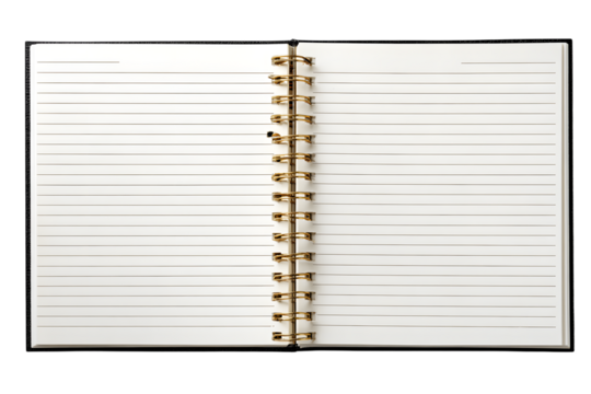Open notebook showing blank lined pages on a transparent background, ready for writing or drawing