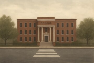 Obraz premium serene school building on quiet morning with trees and crosswalk