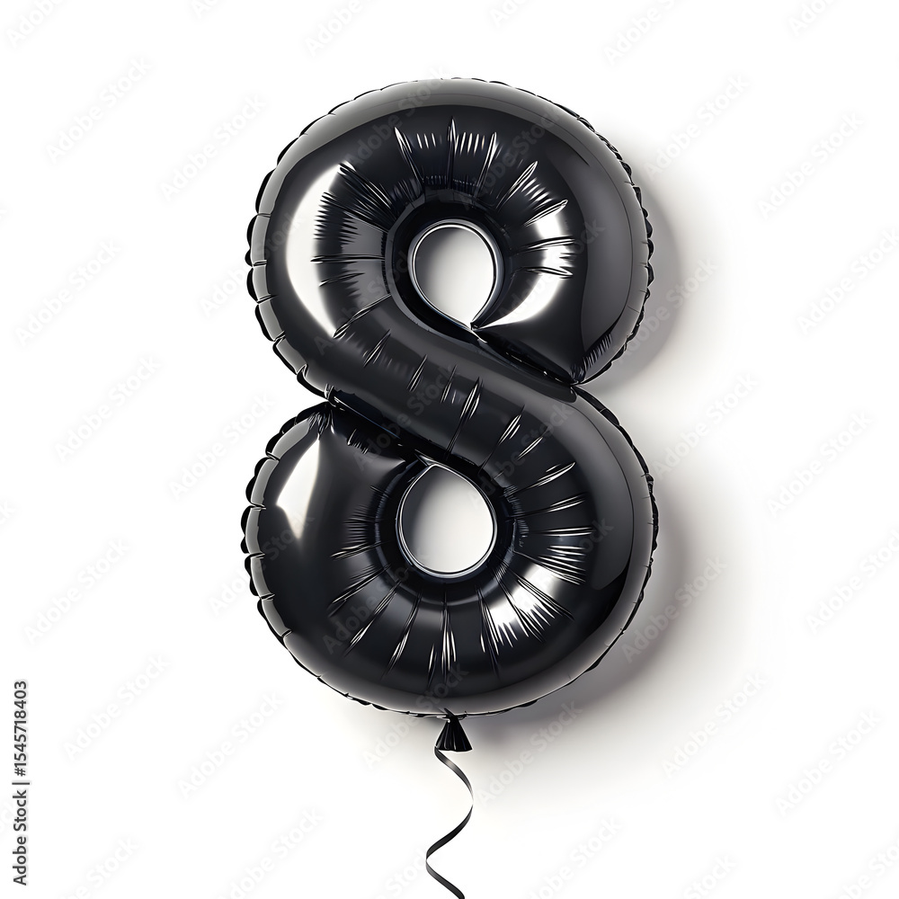 Fototapete a balloon shaped like the number 8,matte black metallic finish with realistic reflections and smooth