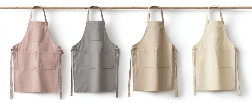 Four plain aprons in blush pink, grey, beige, and off-white hang on a wooden rod against a white background