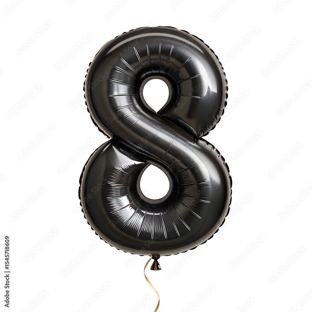 Fototapete a balloon shaped like the number 8,matte black metallic finish with realistic reflections and smooth