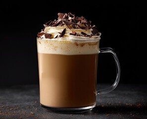A clear glass mug filled with a layered coffee drink, topped with whipped cream and chocolate shavings, against a dark background