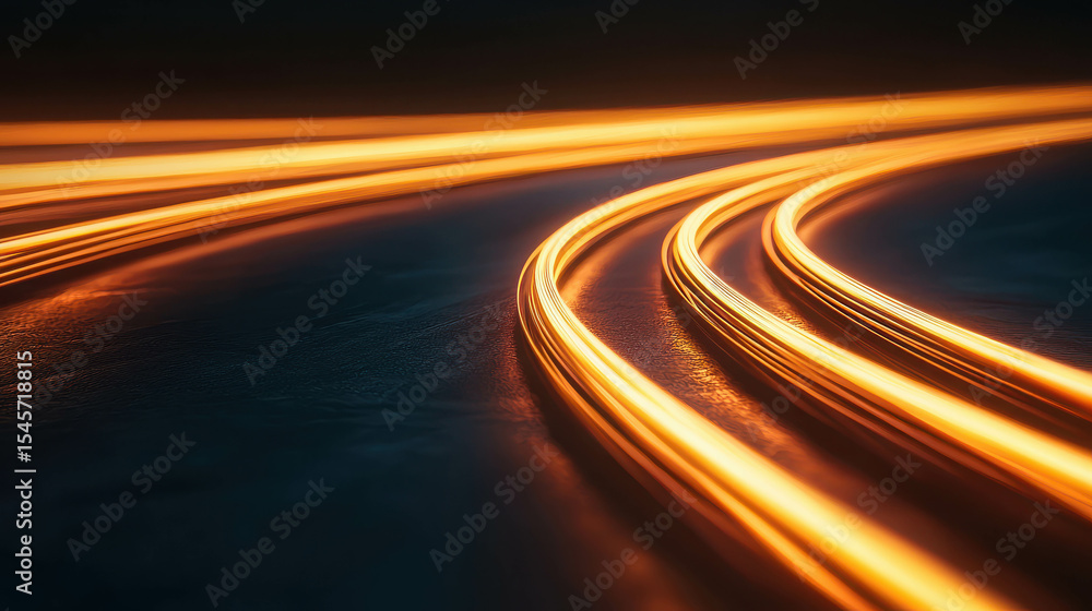 Poster vibrant curves of illuminated light trails on dark surface capturing dynamic motion and energy in an