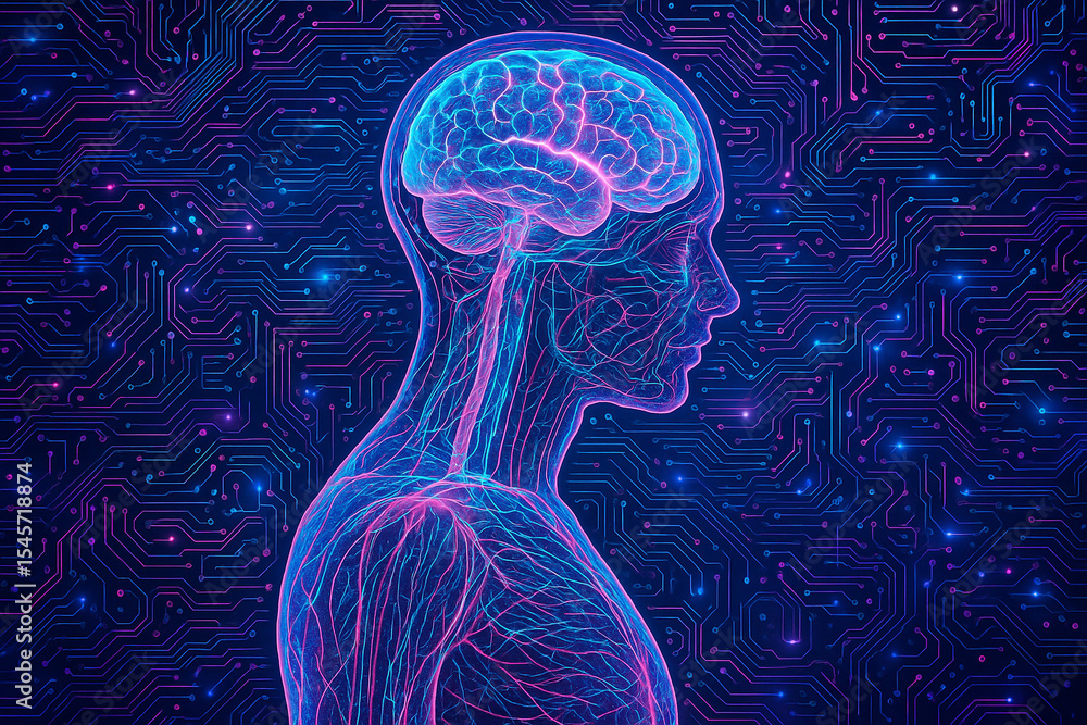 Poster ai generated digital profile of a transparent human body showing glowing brain and neural pathways i