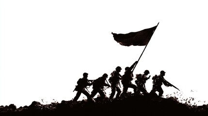 Fototapeta premium Silhouette of soldiers waving flag on white background for national holiday banner