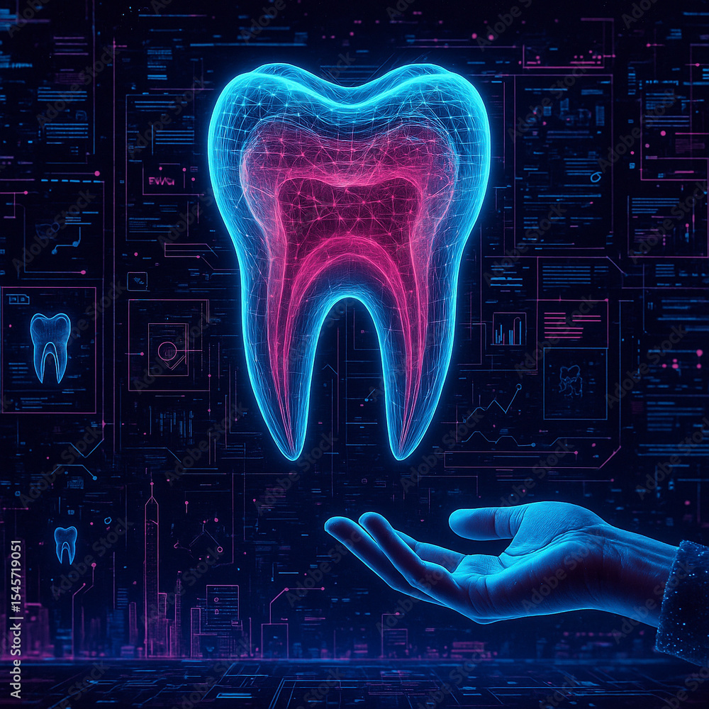 Poster ai generated sci-fi dental image shows a glowing 3d holographic tooth with blue and red anatomy hove