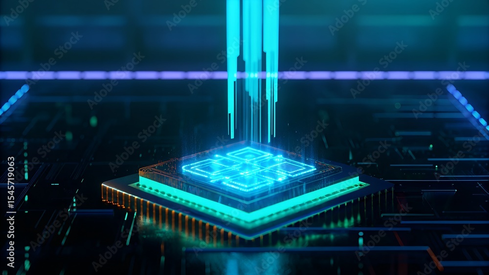 Poster futuristic processor data stream concept depicting information transfer and technology evolution