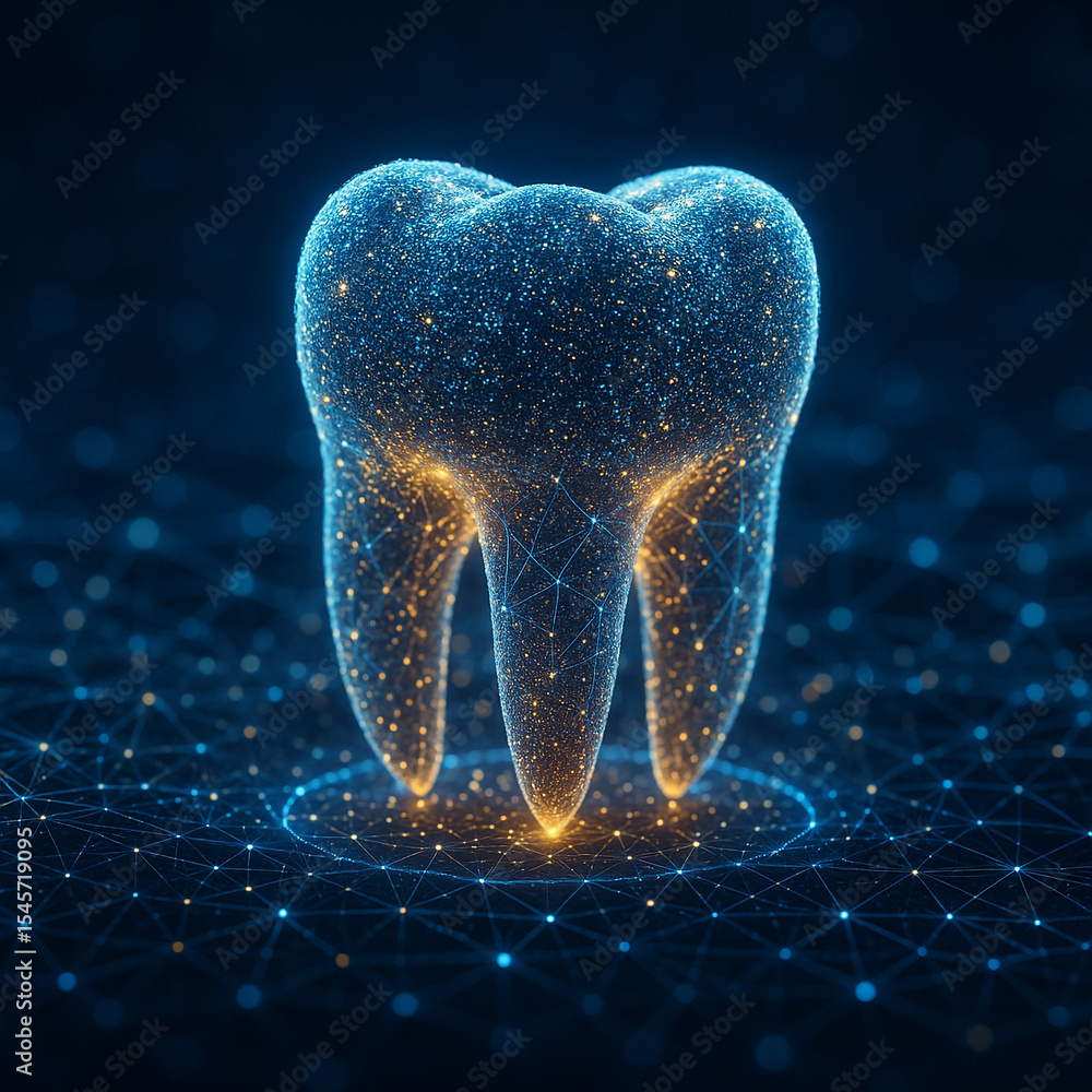 Poster ai generated conceptual render of a glowing translucent tooth formed by blue gold particles standing
